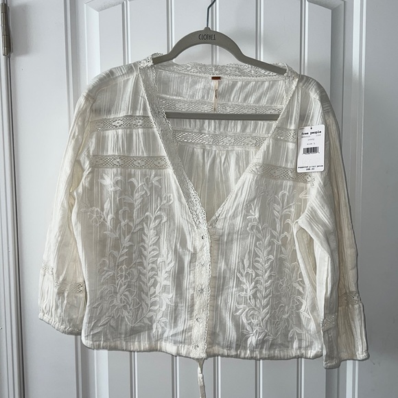 Free People Ivory Embroidered Blouse Snap Front Drawstring Waist szL NWT - Picture 1 of 11